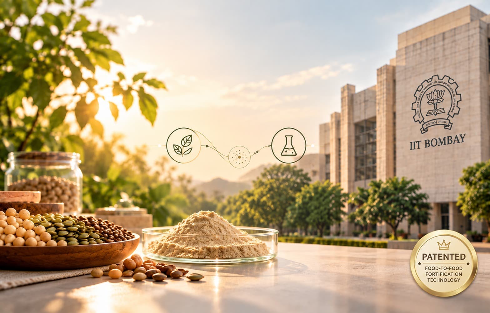 Whole seeds and pulses and a dish of Power Sprinkle on a sunlit table, with the IIT Bombay campus in the background