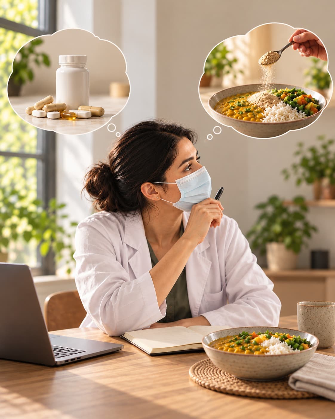 A researcher at a table with a notebook and a bowl of dal, thinking about supplements on one side and a nutrition blend sprinkled over everyday food on the other