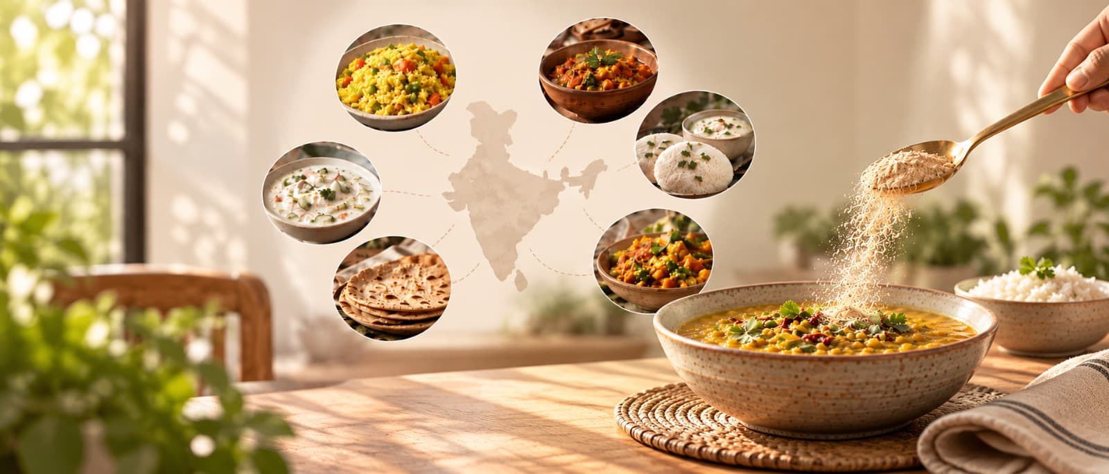 Regional Indian dishes — pulao, raita, roti, curries and idli — arranged around a map of India, beside a bowl of dal being sprinkled with Power Sprinkle