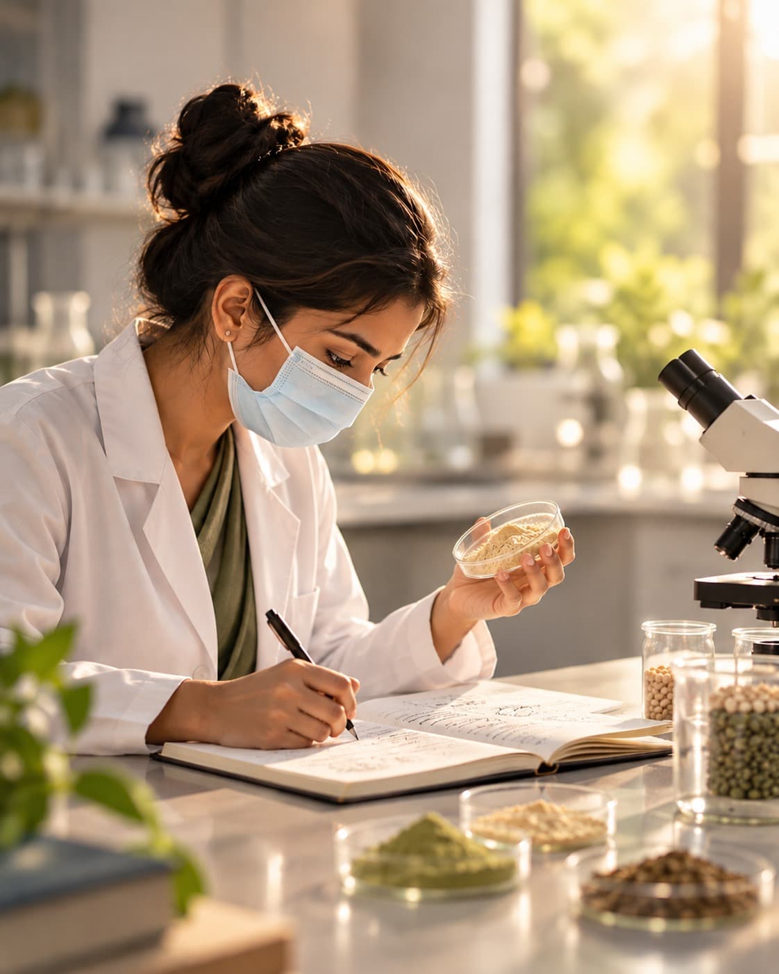 A researcher in a lab coat writing notes while examining a dish of plant-based powder, with seeds, pulses and a microscope on the bench