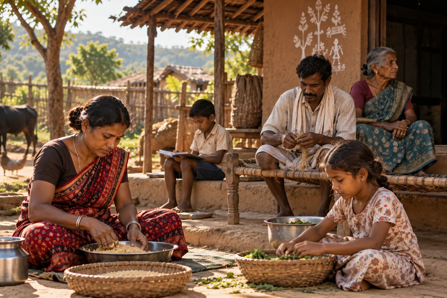 A family in an Indian tribal village sorting grains and greens outside their painted mud home