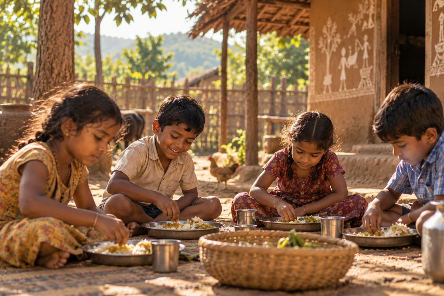 Village children sitting together on the ground, eating rice and dal from steel plates