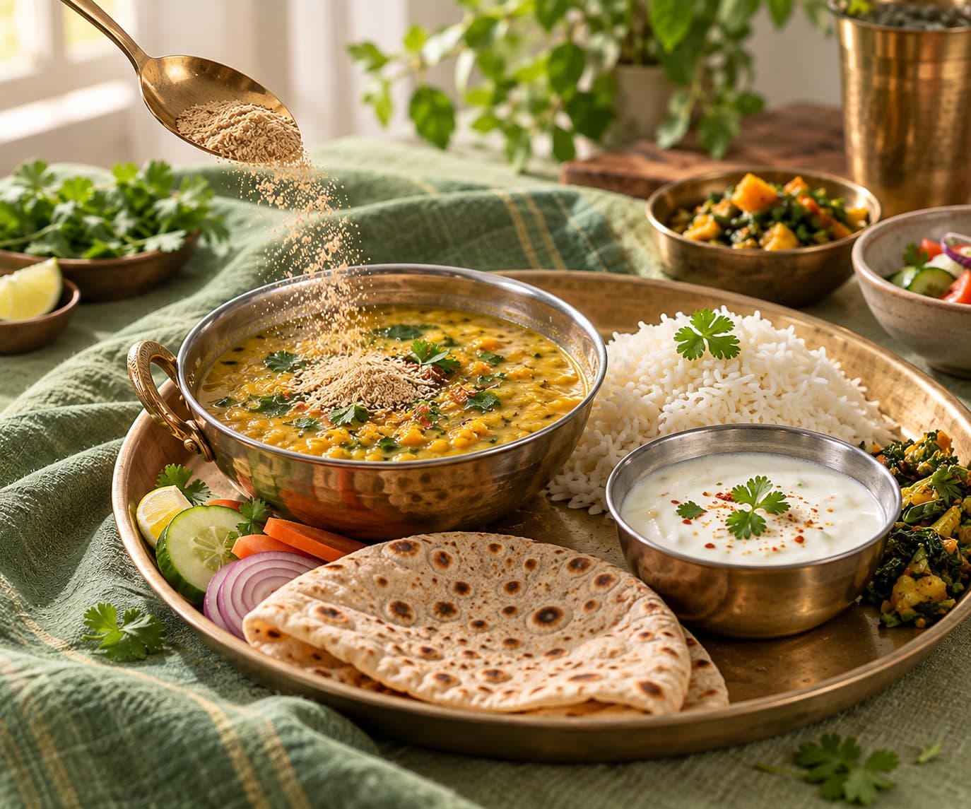 Power Sprinkle being spooned over a bowl of dal on a brass thali with rice, roti and curd