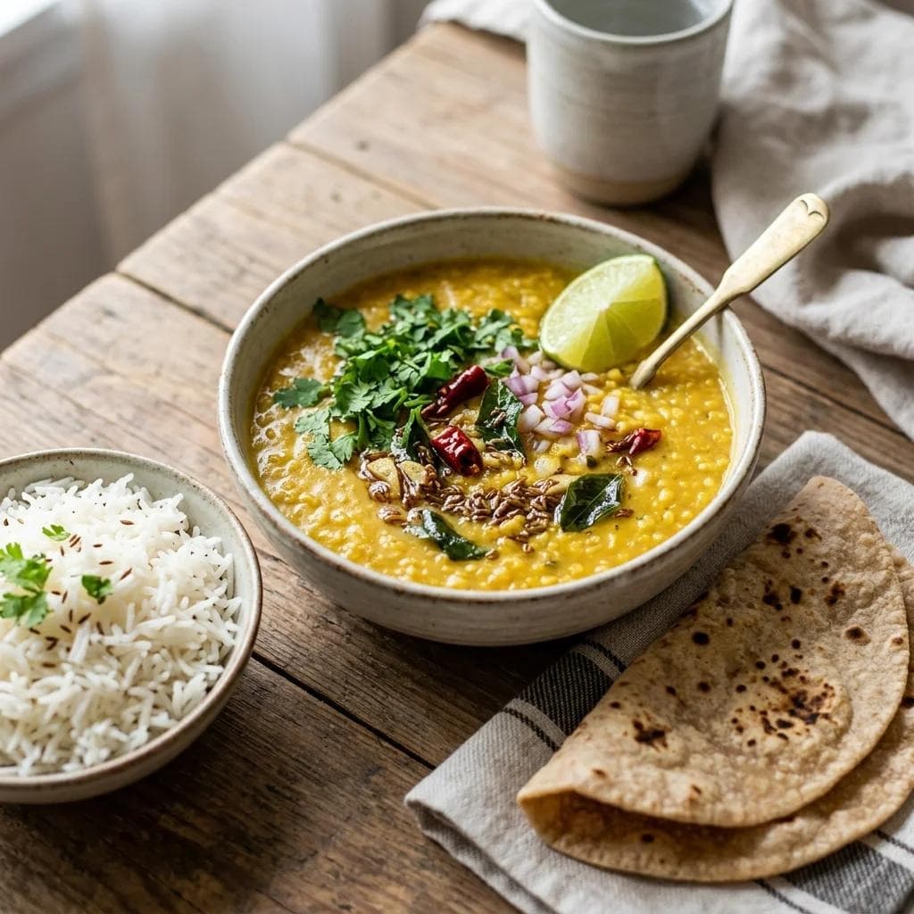 A bowl of tempered yellow dal with rice and roti on a wooden table