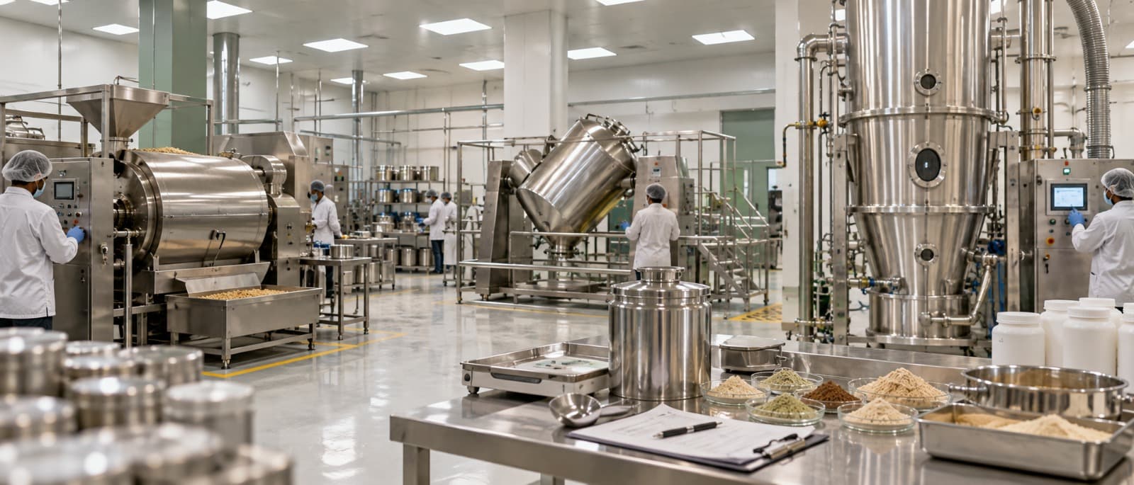 A clean food-manufacturing floor with stainless-steel blending equipment, staff in hairnets and coats, and ingredient samples laid out for a quality check