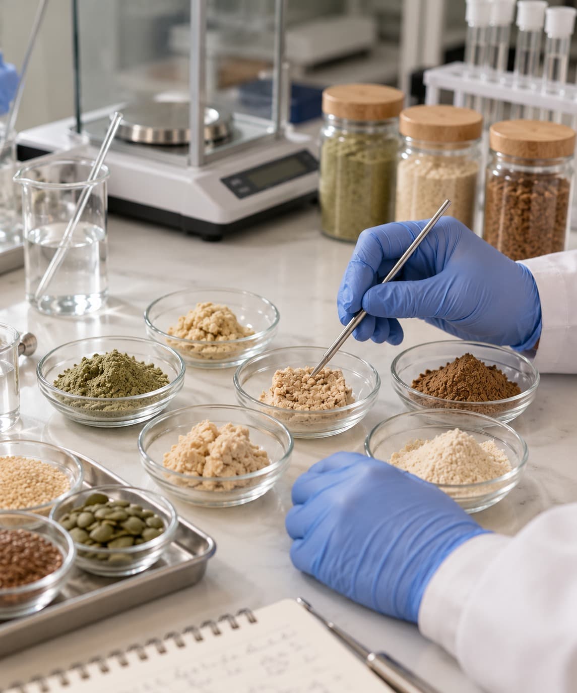 Gloved hands sampling plant-based ingredient powders in glass dishes on a laboratory bench